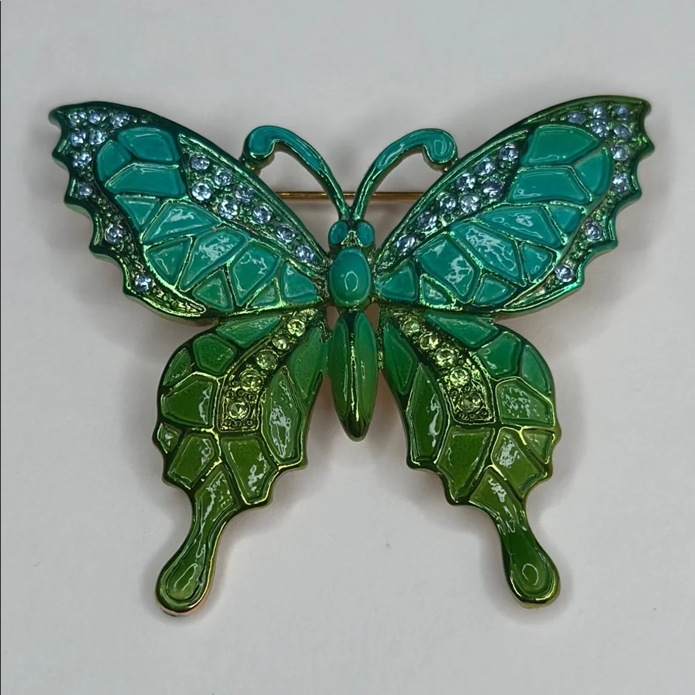 NWOT Rhinestone Crystal Enamel Gold Green Pin Brooch Wedding Butterfly Gift